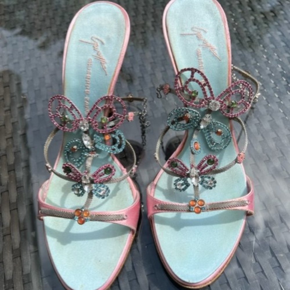 Authentic Giuseppe Zanotti pink and blue jeweled butterfly sandals..